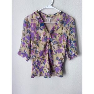 Edward 100% Silk Floral Ruffle V-Neck Blouse Purple Green Tan Sheer Sleeve Med